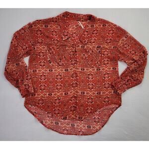 Free People Top Womens Medium Red Geometric Boho Chiffon Easy Rider Button Down